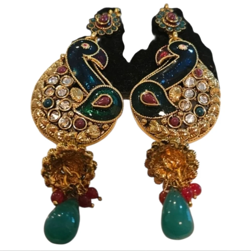 Bollywood Indian Peacock Meenakari Earrings Gold Tone Kundan Drop Dangle